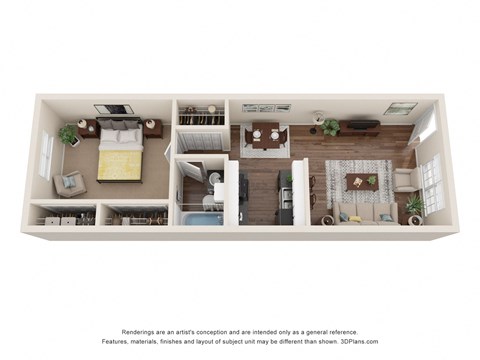 a stylized floor plan of a 1 bedroom apartment